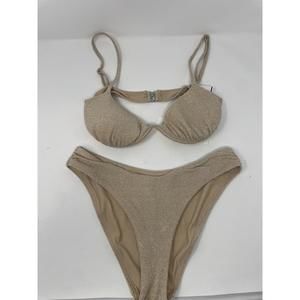 SIMKHAI Bridgette Metallic Underwire Bikini Top and Cheeky Bottoms In Sand S